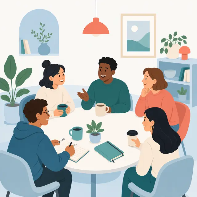 Cartoon friends gathering around a table for a session