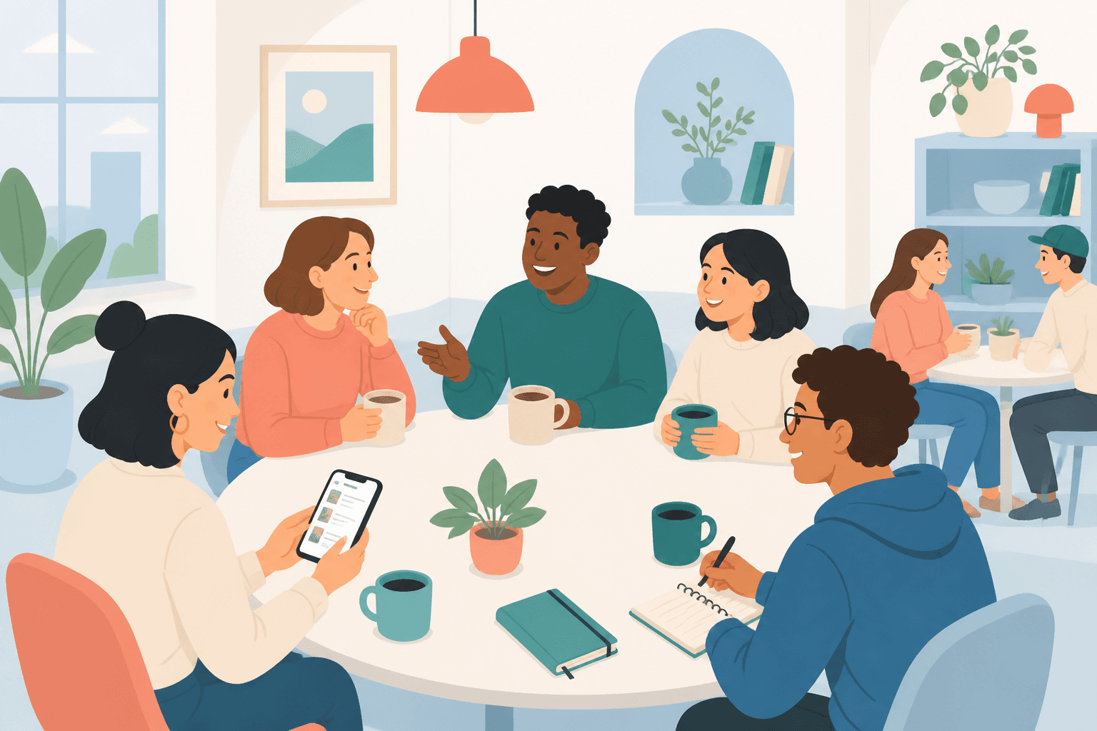 Cartoon of friends at a community gathering — talking, planning, and showing up together