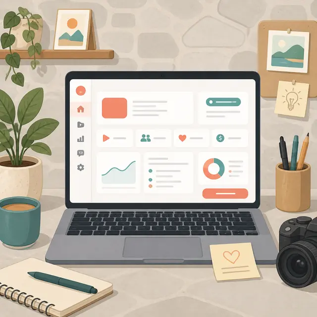 Cartoon laptop open to a creator studio workspace